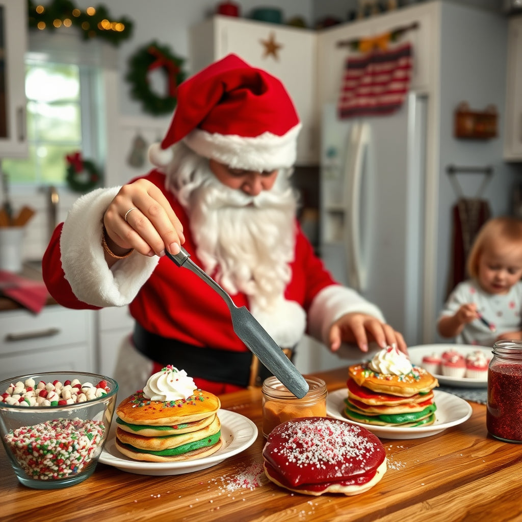 Santa flipping colorful Christmas pancakes topped with whipped cream, sprinkles, and edible glitter in a festive family kitchen.