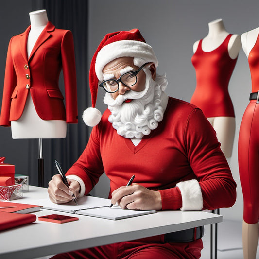 Santa at design desk sketching Christmas clothing, stylish glasses, red turtleneck, mannequins with holiday outfits