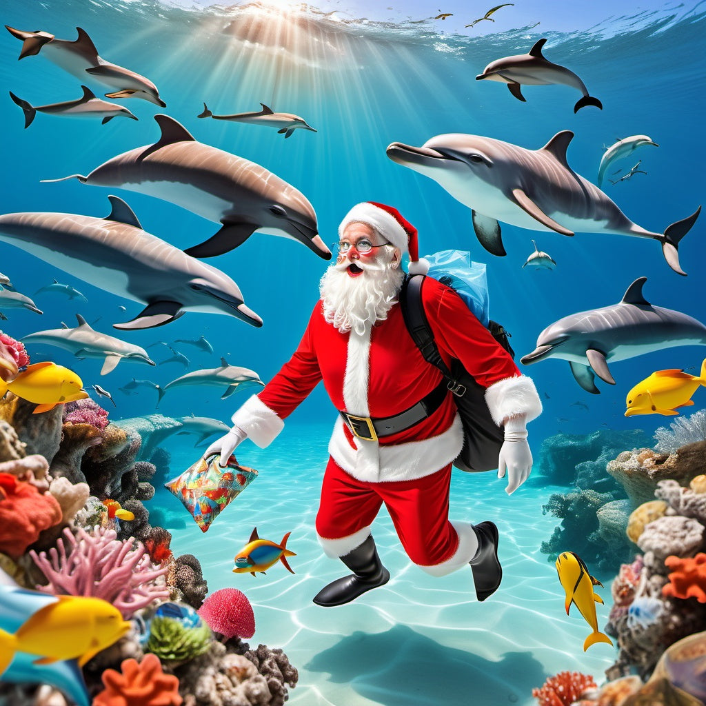 Santa snorkeling with dolphins in tropical waters, wearing Christmas hats, coral reefs, sack of gifts