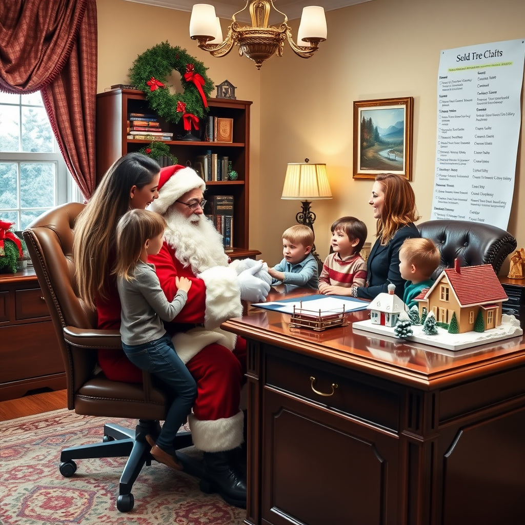 Santa Claus shaking hands with a family in an office decorated for Christmas.