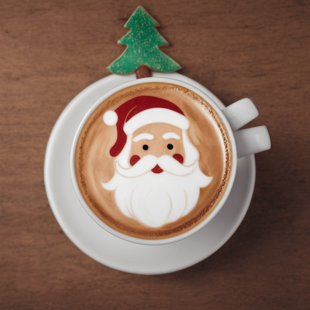 Santa enjoying latte art coffee shaped like Christmas tree in coffee shop