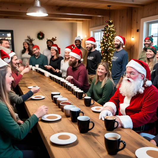 Santa hosting a festive coffee tasting event with holiday-themed cups and décor