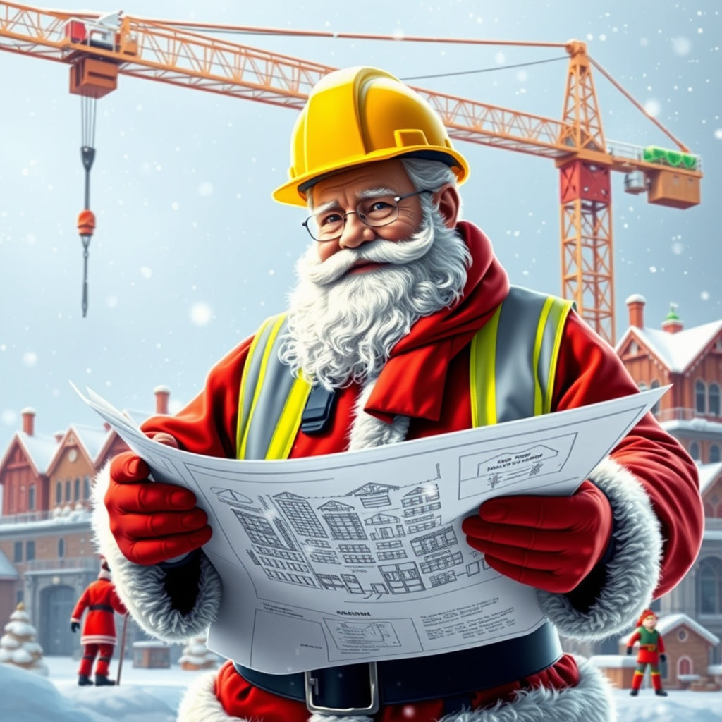 Santa Claus in a construction hat, holding blueprints for a holiday-themed housing project.