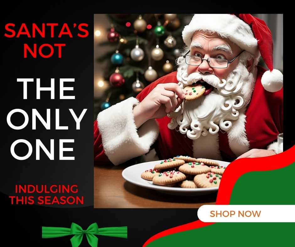 Santa Claus sneaking a bite of Christmas cookies with crumbs on his beard