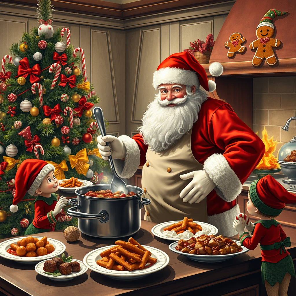 Santa Claus cooking in a festive kitchen, stirring a holiday stew with elves helping.