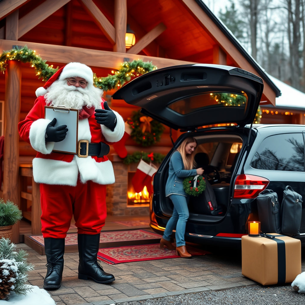 Santa showing off a cozy vacation rental cabin with Christmas lights and stockings over the fireplace.