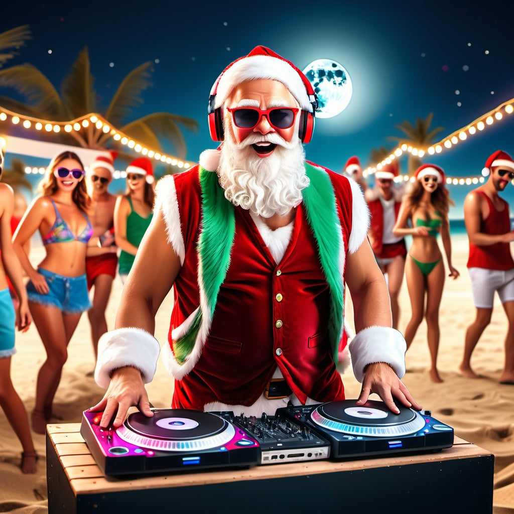 Santa behind DJ turntable on sandy beach, wearing red headphones and Christmas vest, reindeer partying, festive decorations