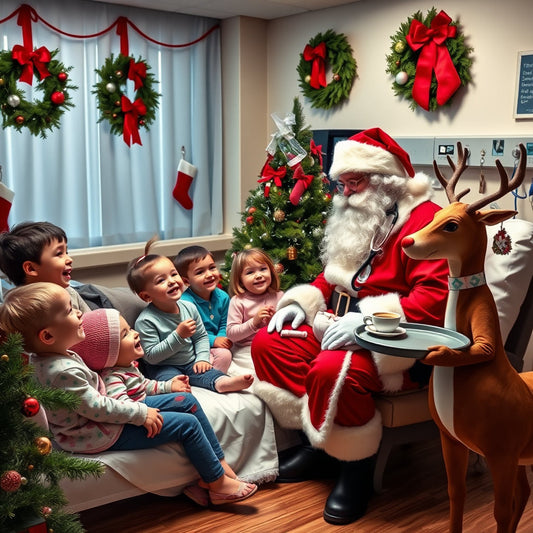 Santa dressed as a doctor checking on children in a cozy hospital room decorated for Christmas.