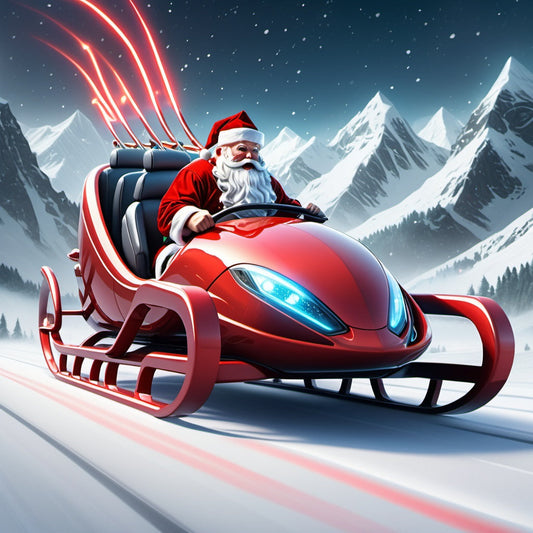 Santa driving futuristic sleigh with red headlights, jet boosters, snow-covered mountains, elves cheering