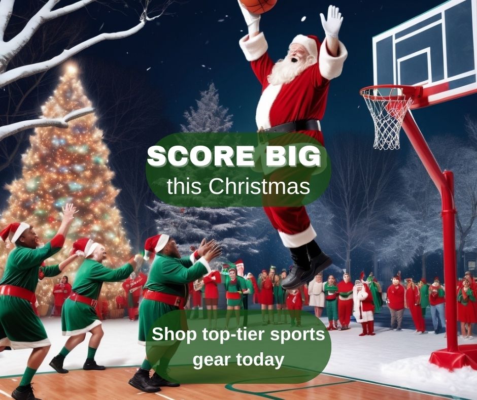 Santa Claus dunking a basketball on an outdoor court surrounded by cheering elves