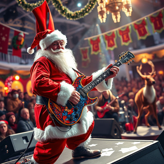 Santa rocking out on electric guitar on stage in a winter wonderland with reindeer band.