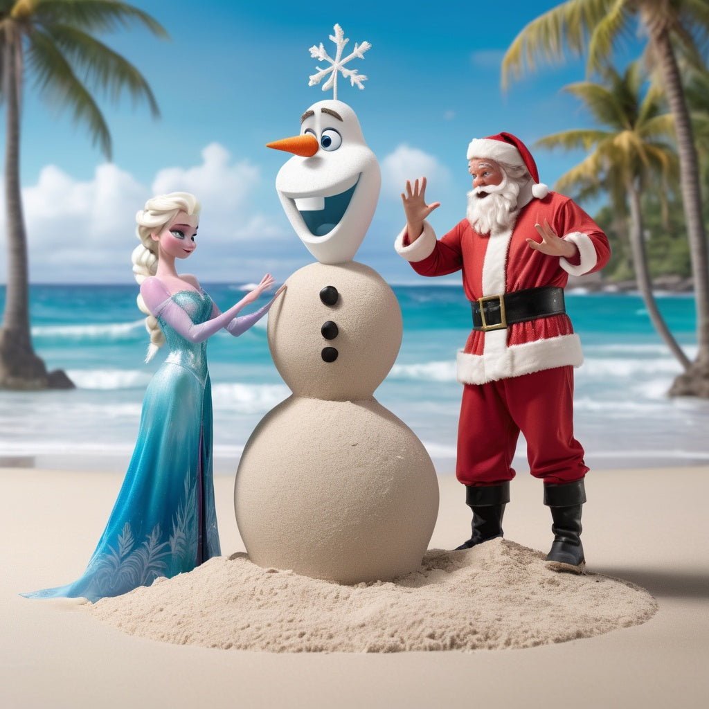 Santa and Elsa creating winter wonderland on tropical beach, sand-snowman, frosted palm trees