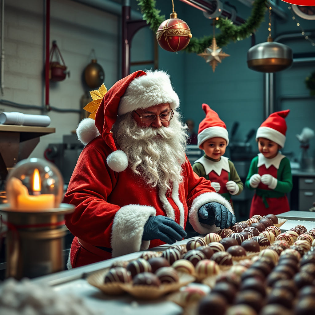 Santa and elves working in a chocolate factory, making holiday chocolate bars and truffles.