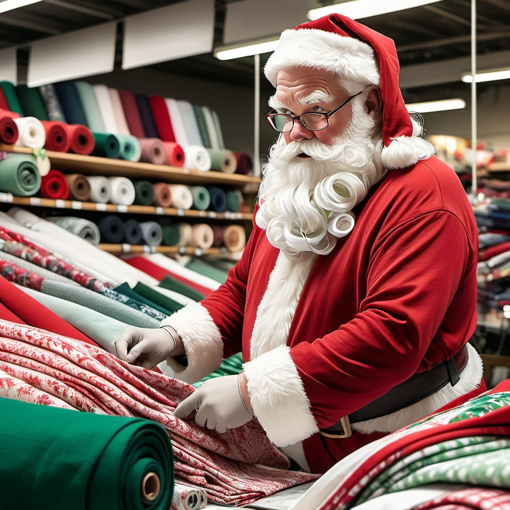 Santa in fabric market with red, white, green cloth rolls, winter outfit, tote bag with fabric samples