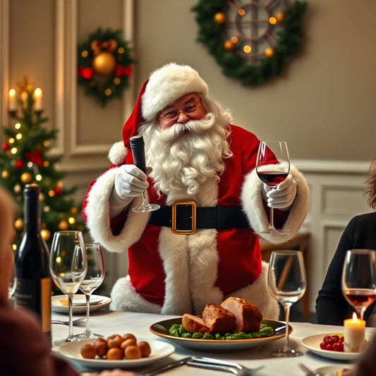 Santa Claus leading a fine dining event, pairing wines with Christmas dishes like spiced ham and roasted chestnuts.