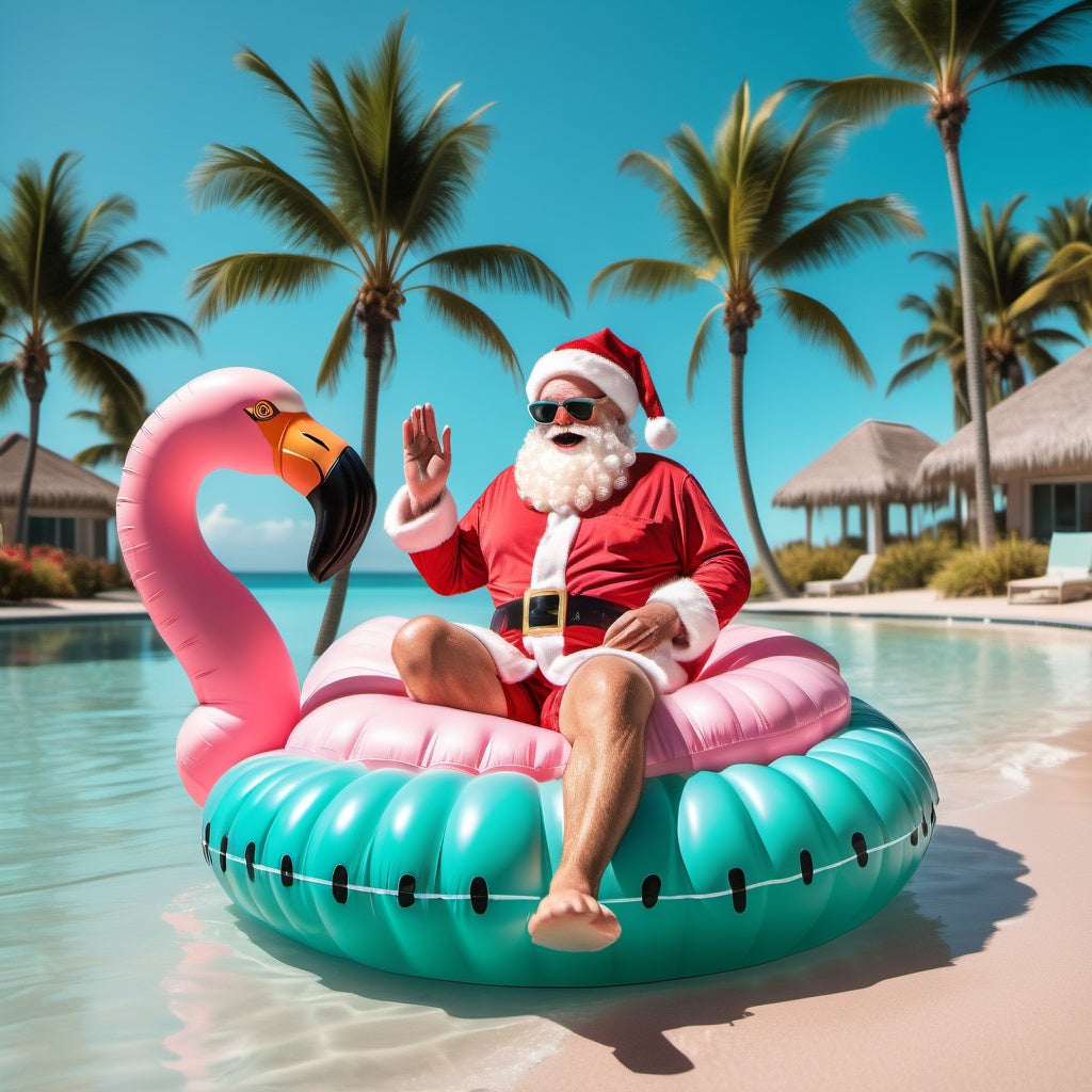 Santa on a pink flamingo float in turquoise waters, wearing a festive red shirt and Christmas hat with palm trees nearby