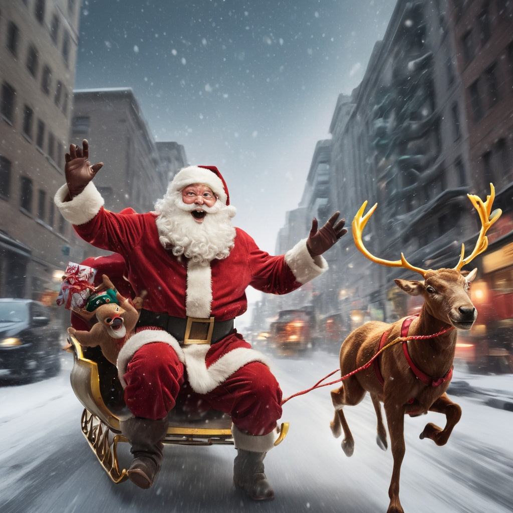 Santa and The Flash racing through snowy city street, Flash speeding ahead