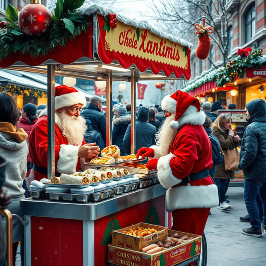 Santa serving Christmas wraps, hotdogs, and roasted chestnuts from a food cart at a snowy holiday market.