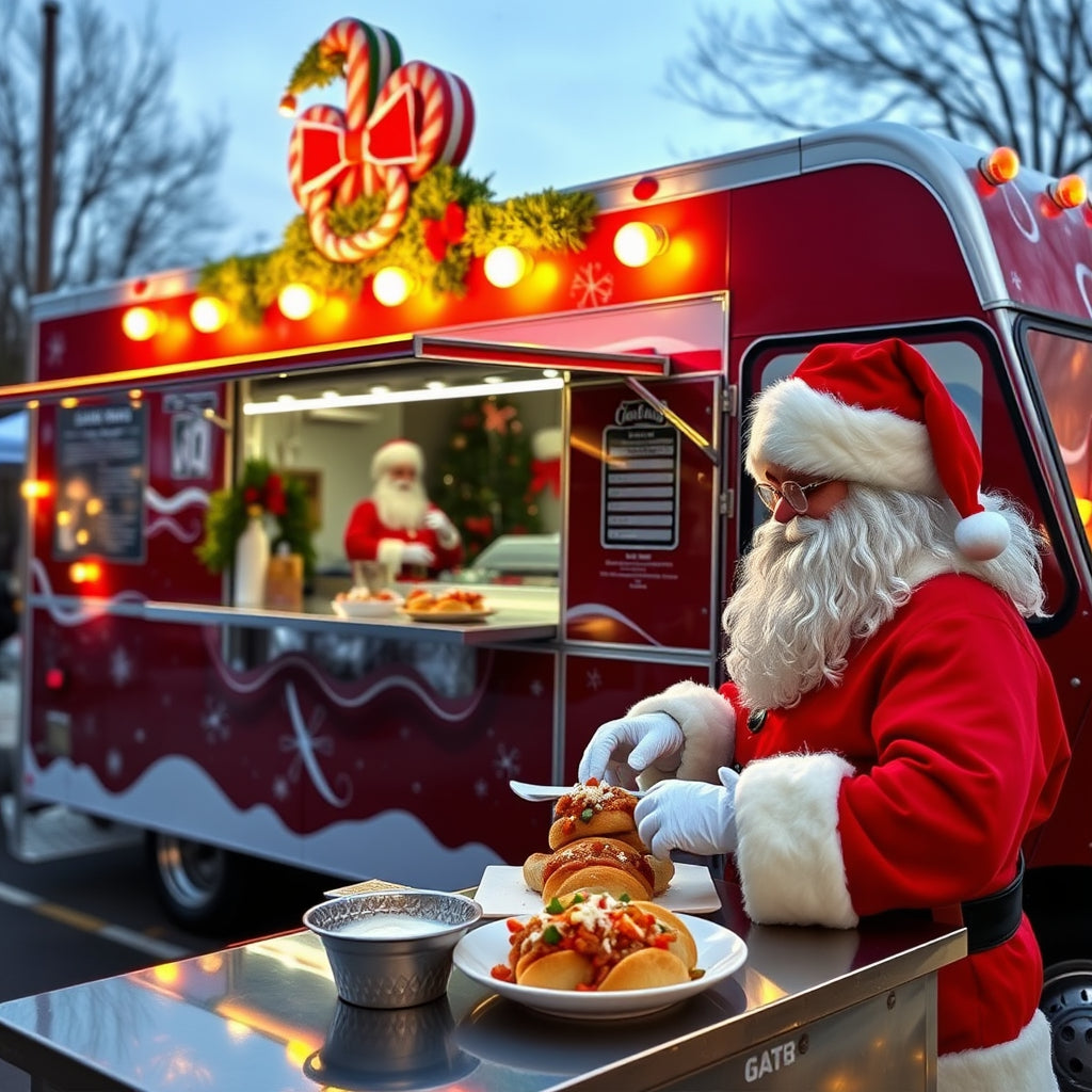 Santa serving fusion dishes like cranberry BBQ pulled pork sliders and peppermint chicken tacos from a Christmas-themed food truck.