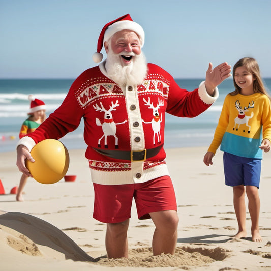 Santa in Christmas sweater and beach shorts tossing frisbee, children building sandcastles with seashells