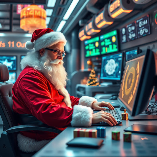 Santa Claus at a high-tech workstation, designing AI-powered Christmas toys with digital elves.