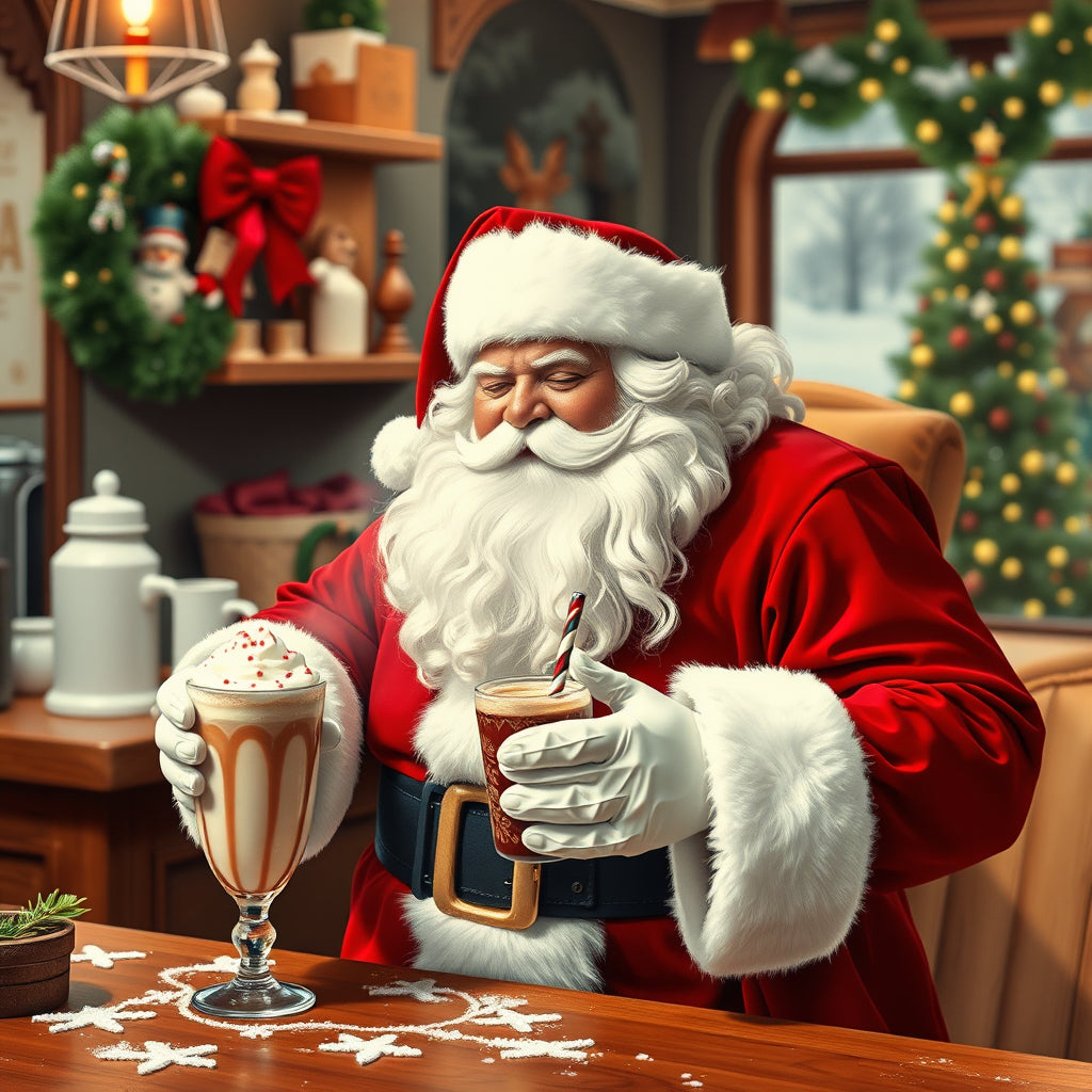 Santa serving gourmet hot chocolate in festive flavors like peppermint mocha, gingerbread spice, and caramel cinnamon at a cozy café.