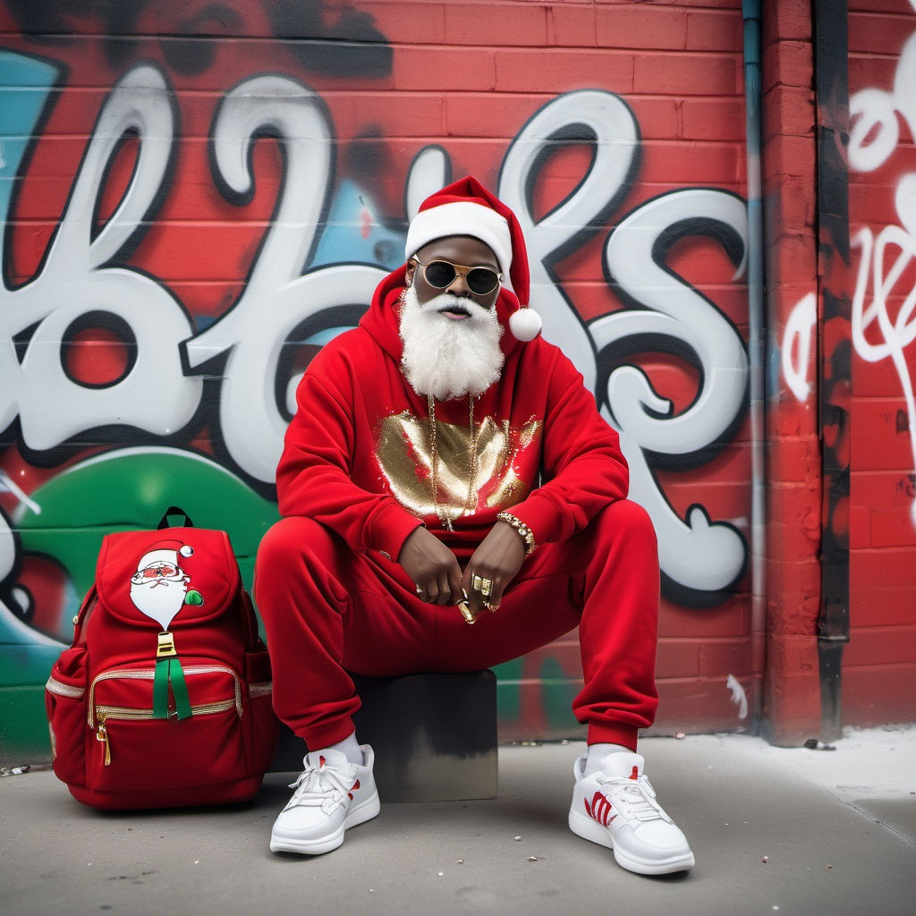 Santa posing against a graffiti wall in streetwear, red hoodie, joggers, Christmas bell gold chain, stylish backpack