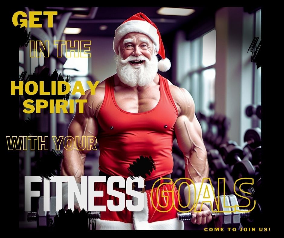 Santa lifting a dumbbell in a snowy winter gym with Christmas decorations and twinkling lights