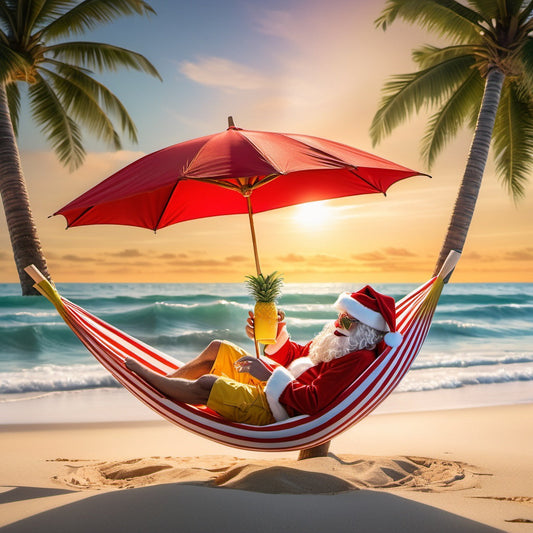 Santa lounging in a striped hammock on a beach with a tropical drink at sunset