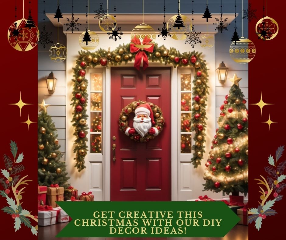 Santa placing a handmade wreath on a door with twinkling lights and a decorated Christmas tree inside