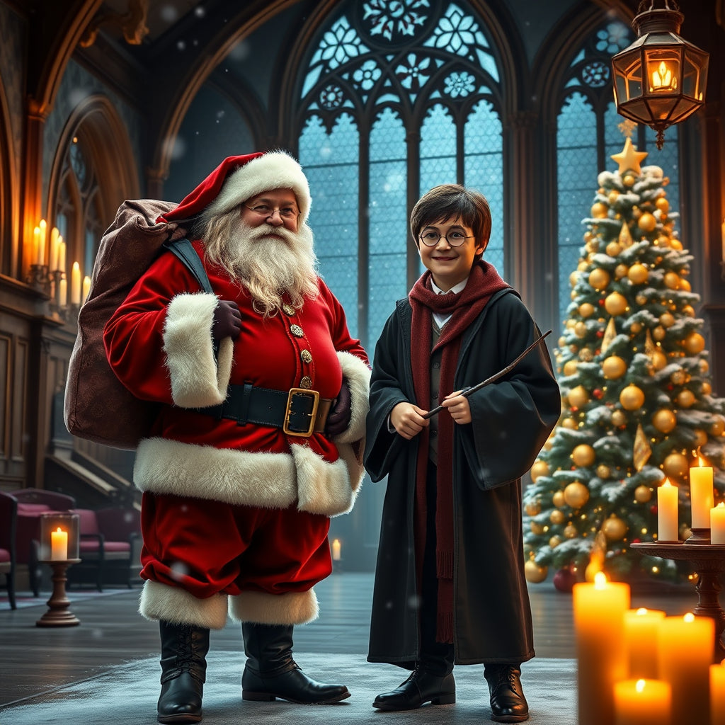 Santa Claus and Harry Potter in a magical Hogwarts Great Hall with Christmas decorations and floating candles.