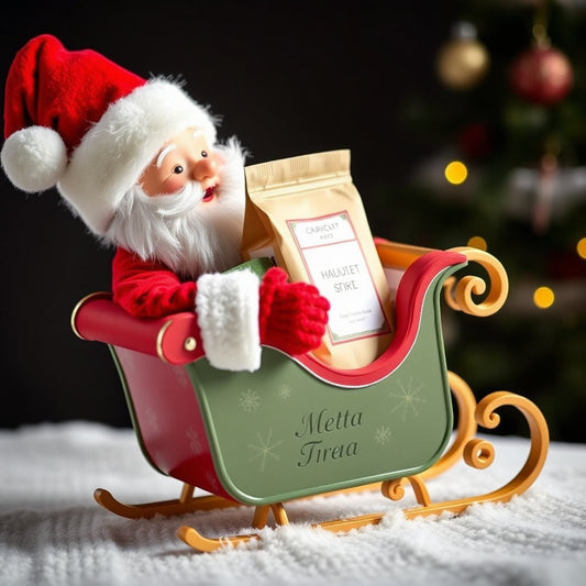 Santa delivering holiday meal kits in mini sleigh packaging, perfect for festive celebrations.