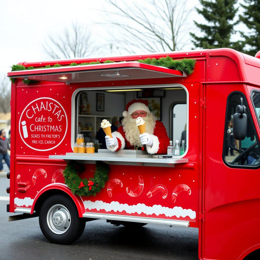 Santa serving ice cream cones with Christmas flavors like candy cane swirl, eggnog, and gingerbread crunch.