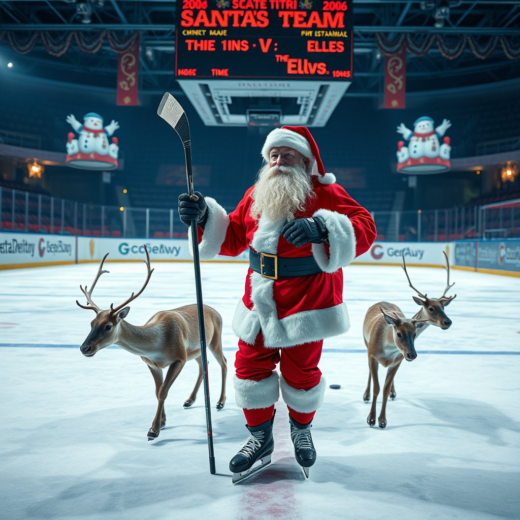 Santa dressed as a hockey player on an icy rink with festive decorations and reindeer teammates.