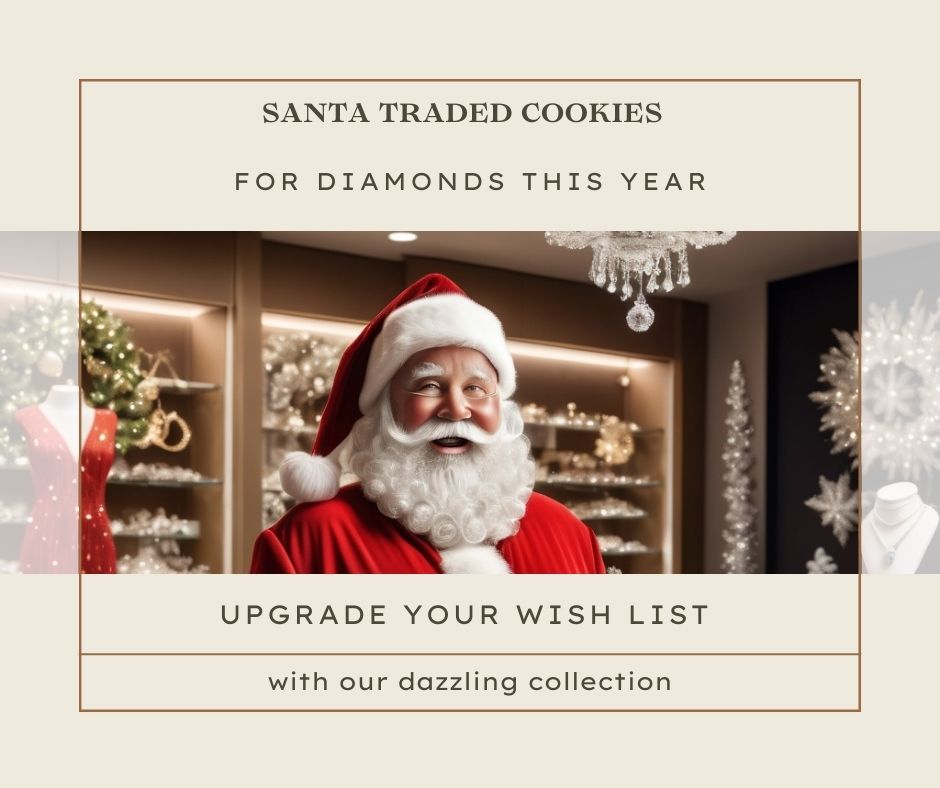 Santa Claus in red suit showcasing diamond rings in a jewelry store with holiday decor