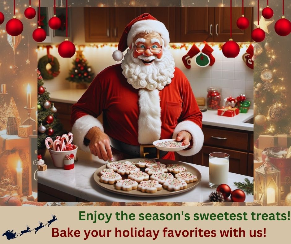 Santa preparing Christmas cookies with a glass of milk and candy canes on a kitchen counter