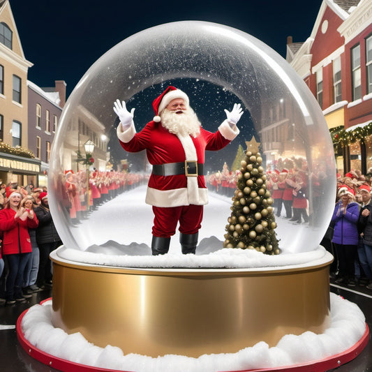 Santa in life-sized snow globe, waving on parade float, golden outfit, mini Christmas trees, falling snow