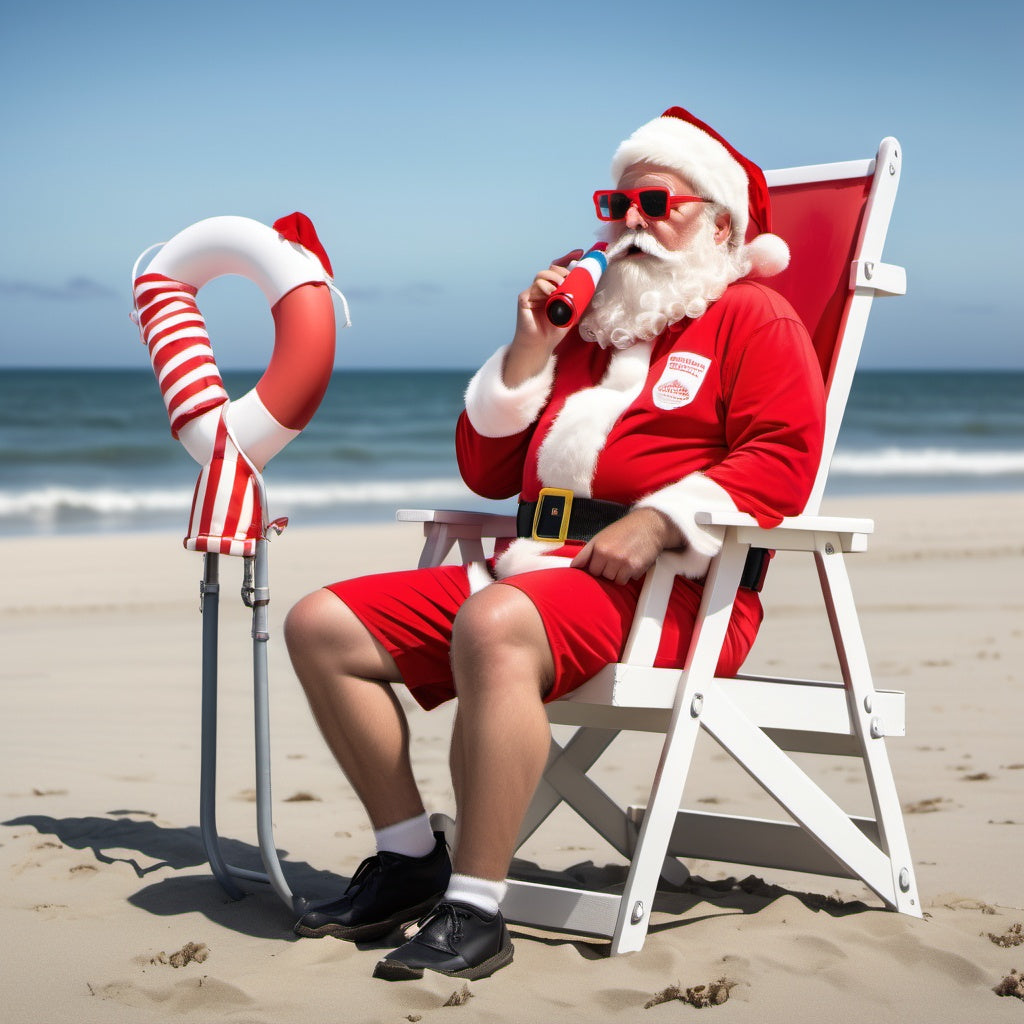 Santa as lifeguard in white chair, holding binoculars, lifeguard uniform, holiday wreaths, candy cane-striped umbrellas