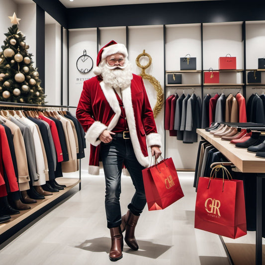 Santa shopping in luxury boutique, wearing red blazer, jeans, holding golden Christmas logo bag