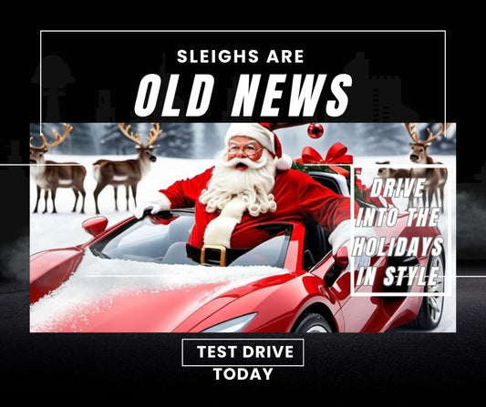 Santa Claus in a luxury sports car decorated with a big red bow in a snowy backdrop