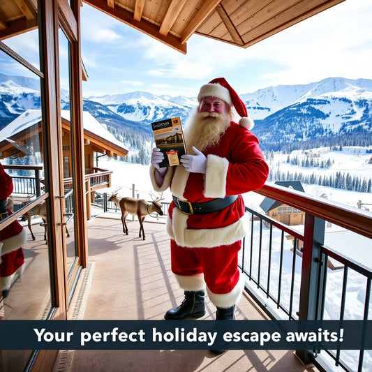 Santa on the balcony of a luxury chalet, overlooking snowy mountains and holding a holiday brochure.