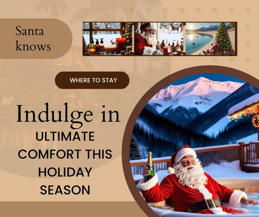 Santa Claus relaxing in a hot tub with champagne surrounded by a snowy mountain resort