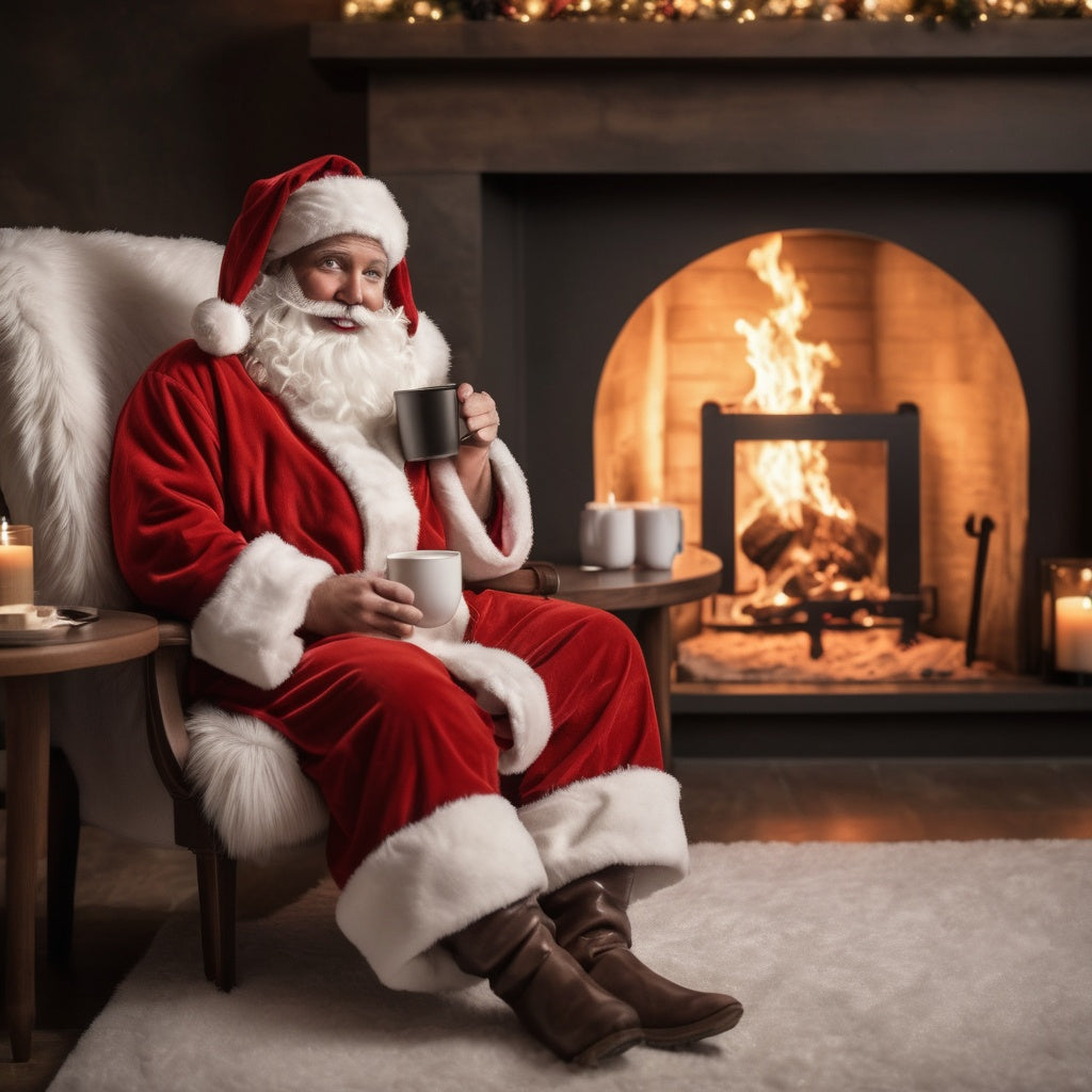 Santa in a fluffy robe by the fireplace, sipping hot cocoa