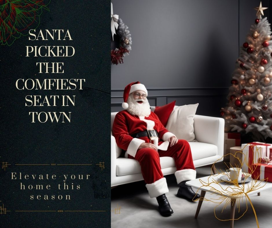 Santa Claus lounging on a modern designer sofa with minimalistic Christmas decor