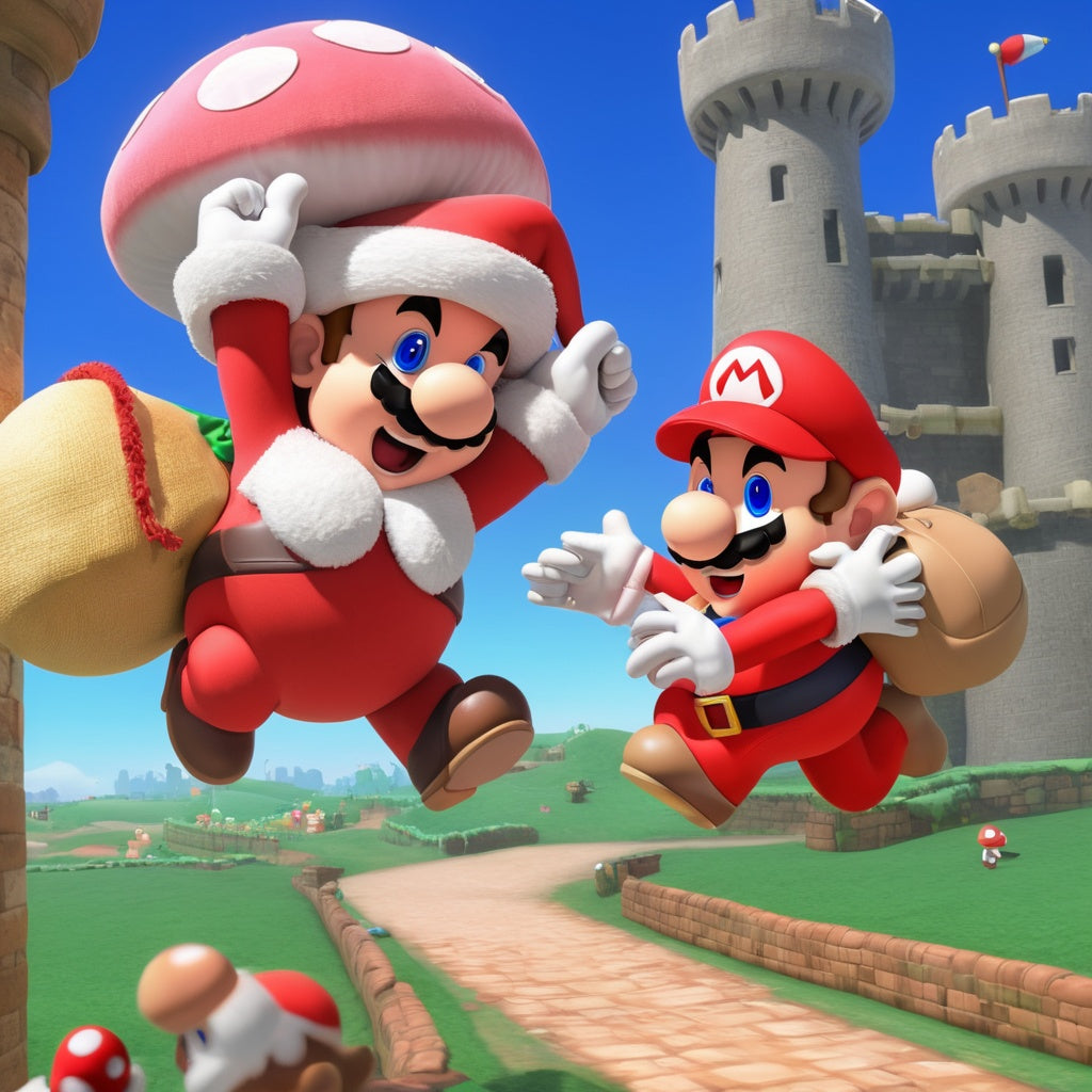 Santa and Mario jumping through warp pipes, delivering gifts in Mushroom Kingdom