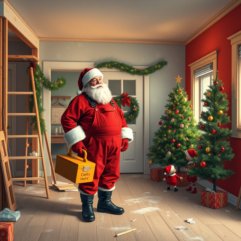 Santa in overalls with a toolbox, renovating a home with festive garlands and a Christmas tree in the corner.