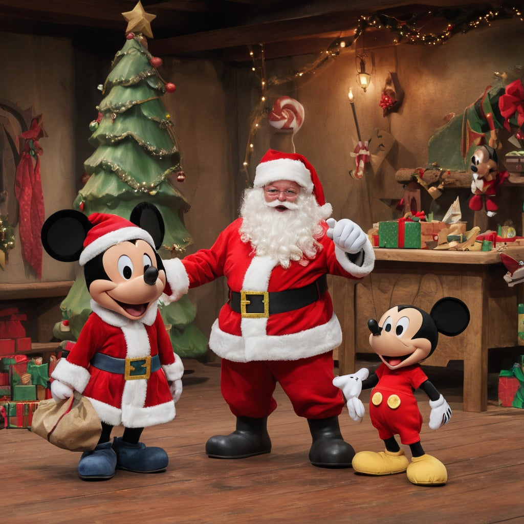 Santa and Mickey Mouse in workshop, Mickey wearing elf costume, Stitch peeking out with candy cane