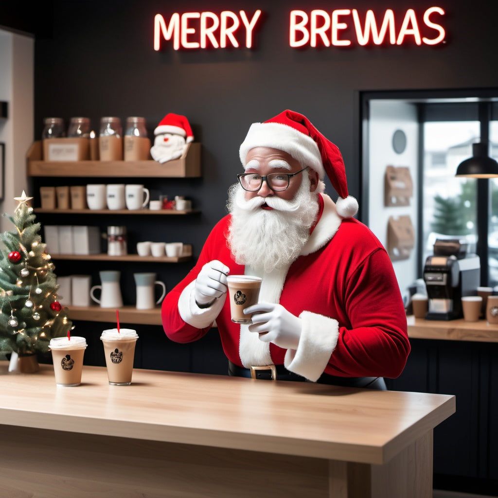 Santa in minimalist coffee shop sipping iced latte with 'Merry Brewsmas' sign and Christmas cookies