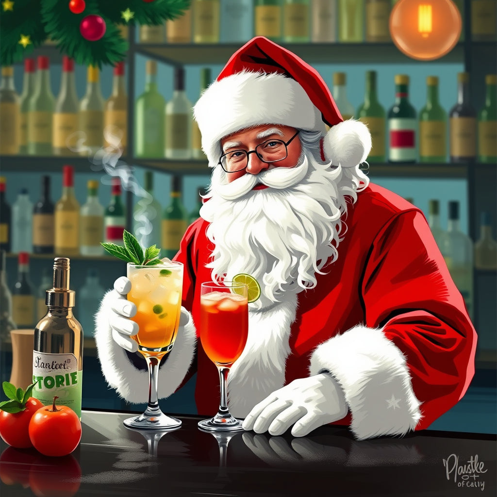 Santa Claus mixing holiday drinks like "Rudolph Mule" and "Frosty’s Mojito" behind a festive bar.