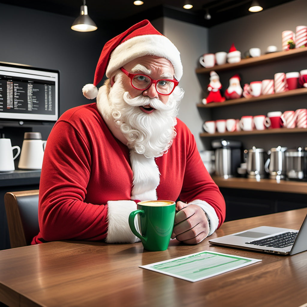 Santa in modern coffee shop sipping peppermint latte, laptop with Naughty or Nice List, festive baristas in elf costumes